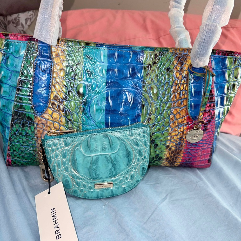 Brahmin Multicolor Croc-Embossed Leather Tote with Teal Pouch